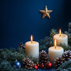 Poster - Christmas candles with fire, white sparkling star, golden pine cone and ball on blue wooden background. Behind there are spruce branches. New Year. Copy space