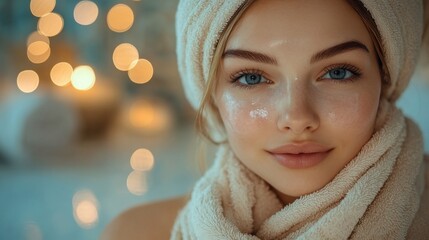 Poster - A young woman relaxes with a towel wrapped around her head, applying a skincare mask while surrounded by warm, soft lighting. This moment captures tranquility and self-care.