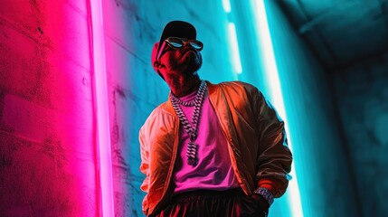 Leinwandbilder - A stylish individual poses dramatically in a colorful urban setting with neon lighting.