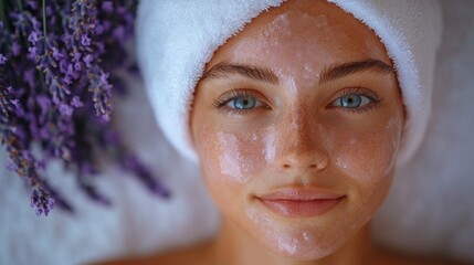 Poster - A young woman enjoys a calming facial treatment, surrounded by lavender flowers. The soothing atmosphere enhances her relaxation during the spa session.