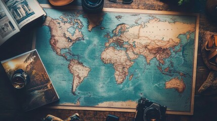 Poster - World map with travel photos pinned capturing memories and adventure