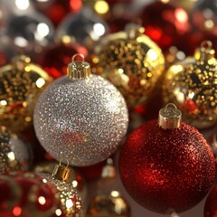 Poster - Christmas Balls Vector Set. Shiny Glossy 3D Baubles in Red, White, Gold, and Silver. Winter Holiday Decoration Ornaments.
