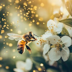 Aufkleber - Close Honey bee collecting pollen from apple tree blossom. Spring background