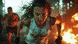 © svastix - A determined woman with blood and dirt smeared on her face and arms runs towards the viewer as chaotic flames rage wildly in the background of a damaged structure.