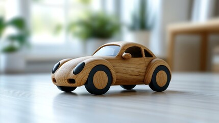Poster - A wooden toy car is placed on a light-colored wooden floor in a bright living room. Plants adorn the background, highlighting a cozy and inviting atmosphere.