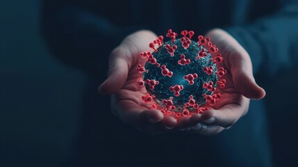 Poster - A person holds a stylized representation of a virus, with red spikes, symbolizing the importance of health and awareness in a pandemic context.