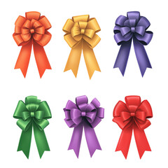 Colorful decorative ribbons in red, yellow, purple, green, and orange with elegant bow designs. Perfect for celebrations and gift wrapping