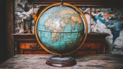 Poster - Historical globe with faded colors on a wooden desk environment