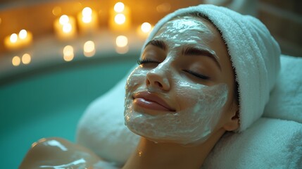 Poster - A woman enjoys a calming spa experience with a facial mask applied. The setting features cozy candlelight, enhancing her serene mood during relaxation.