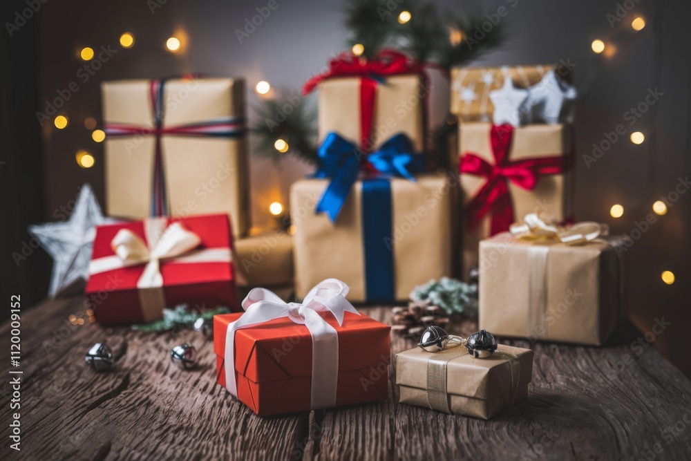 Elegant Christmas Gift Boxes Wrapped in Kraft Paper with Red and Silver ...