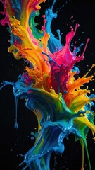 Wall Mural - Colorful splash of liquid paint on dark black background. Vibrant rainbow colors fluid burst vertical stories wallpaper.	