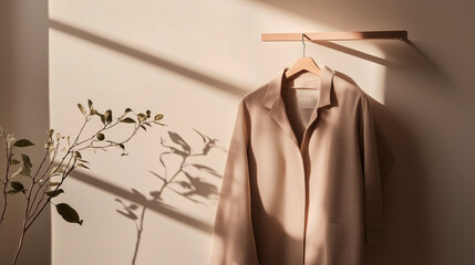 Poster - soft sunlight casts gentle shadows on a minimalist clothing display in a serene indoor space