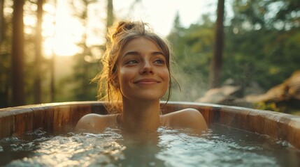 Aufkleber - A young woman relaxes in a wooden hot tub, smiling contently as the warm water envelops her. Surrounded by a peaceful forest, the sun sets behind the trees.