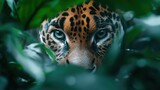 A jaguar with piercing blue eyes stares through dense foliage, captivating with its intensity and beauty, representing strength and the essence of the wild.
