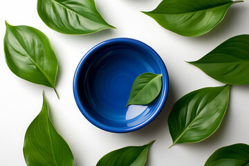 Wall Mural - Elegant Blue Bowl and Fresh Leaves