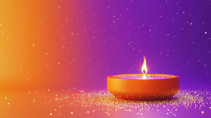 Poster - Glowing candle emits warm flame, surrounded by shimmering particles in vibrant orange and purple hues, creating magical atmosphere