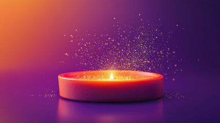 Poster - Glowing orange candle emits warm light, surrounded by sparkling particles, creating magical atmosphere. vibrant colors enhance serene ambiance