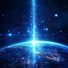 Leinwandbilder - Tech vector. Blue abstract futuristic background. Sunrise. Satellites and rockets in orbit of planet Earth. Plasma clot of energy. Glowing rays with flickering particles. Science and technology.