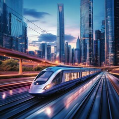 Fototapete - Fast express passenger train on high speed intercity railway moving from city. Future digital urban infrastructure. Modern town cityscape. 3d abstract infrastructure concept