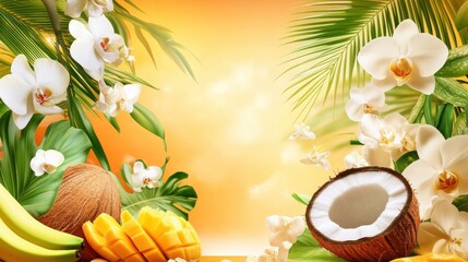 Wall Mural - Bright tropical background featuring fruits and flowers under a warm sunset glow