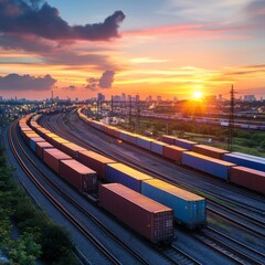 Poster - Freight train with containers on blue. Intermodal transport, freight logistics, global export, logistic infrastructure, railway departure, traffic concept, factory shipping, delivery commercial.