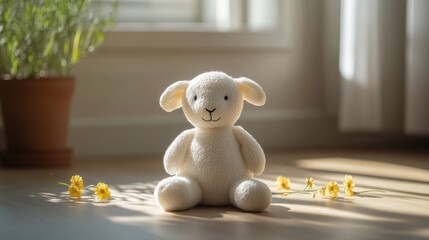 Poster - A soft, white lamb toy is positioned in the center of a sunlit room. Yellow flowers are scattered around, creating a warm and inviting atmosphere, with light streaming in from the window.