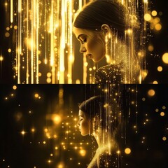 Aufkleber - Abstract elegant gold glowing line with lighting effect sparkle on black background. Template premium award design. Vector illustration