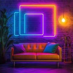 Poster - Neon glowing square frames, futuristic gradient colorful borders, modern vector decoration. Dynamic tech design elements.