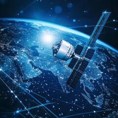 Leinwandbilder - Map of the planet. World map. Global social network. Vector. Space communication satellite. Realistic dark blue technological futuristic background with planet Earth. Internet and technology. 