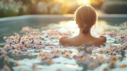 Aufkleber - A person enjoys a tranquil soak in a hot tub adorned with colorful flower petals, surrounded by nature, as the sun sets in the background, creating a peaceful atmosphere.