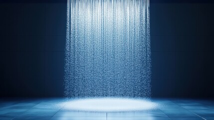 Aufkleber - A serene blue light illuminates a cascading waterfall effect, creating a tranquil and immersive atmosphere in a dark space.