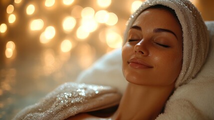 Poster - A woman lies comfortably with her eyes closed, enjoying a tranquil spa treatment. Soft lighting enhances the calming ambiance in the wellness center.