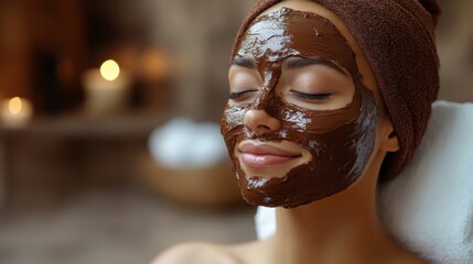 Aufkleber - A woman with a towel on her head is having a chocolate facial mask applied at a spa. She is in a peaceful environment, surrounded by soft lighting and candles, promoting relaxation.