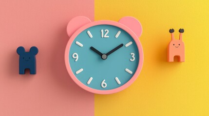 Wall Mural - Cute cartoon characters with alarm clock on pastel background.