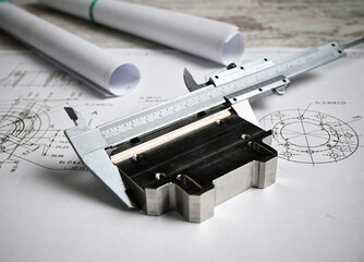 Wall Mural - Metal machined part being measured with a caliper, placed on top of engineering blueprints