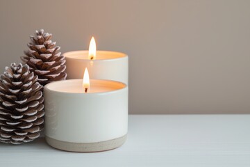 Poster - Two burning candles and pine cones creating cozy winter atmosphere