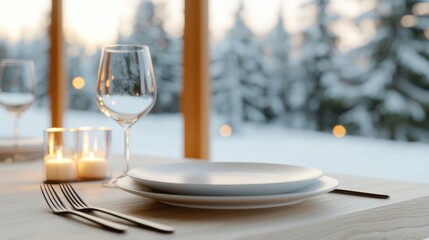 Poster - Festive table setting by the window overlooking snowy landscape during winter holidays