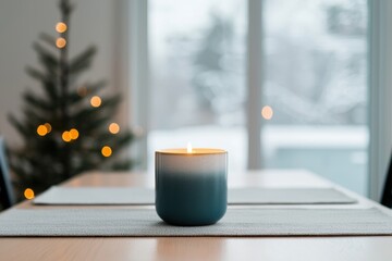 Aufkleber - Burning candle creating cozy atmosphere on table with christmas tree in background