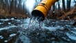 © svastix - A yellow industrial pipe releases clear water into a serene natural stream, representing the intersection between industrial supply systems and pristine nature.