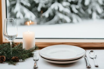 Poster - Elegant holiday table setting with burning candle and snowy landscape outside window