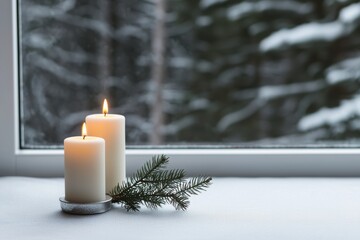 Poster - Two burning candles and pine twig creating cozy winter atmosphere by the window