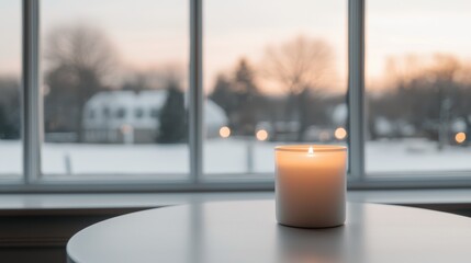 Poster - Burning candle creating warm atmosphere in snowy landscape by the window