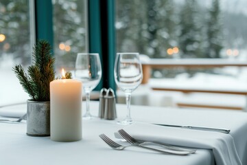 Poster - Burning candle illuminating elegant holiday table setting with snow outside window