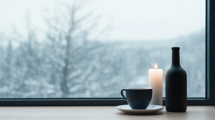 Poster - Warm drink, lit candle and bottle by window overlooking snowy landscape