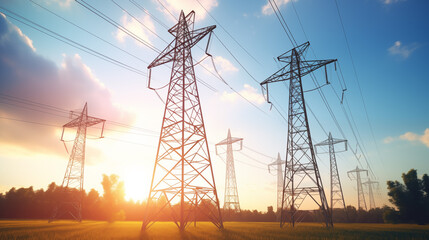 High voltage electricity and transmission power grid on the blue sky and white clouds.