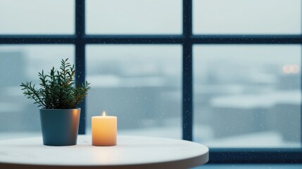 Poster - Candle burning on table by window while snow is falling outside