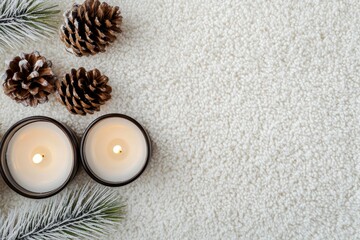 Aufkleber - Burning candles and pine cones creating cozy winter atmosphere on soft blanket