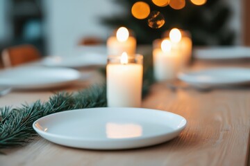Poster - Christmas table setting with burning candles and pine branches creating cozy ambiance