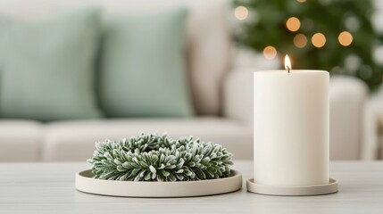 Aufkleber - Burning candle and snowy wreath creating cozy winter ambiance in modern living room