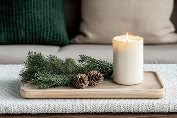 Poster - Burning candle, pine branches and pine cones creating cozy winter atmosphere on wooden tray